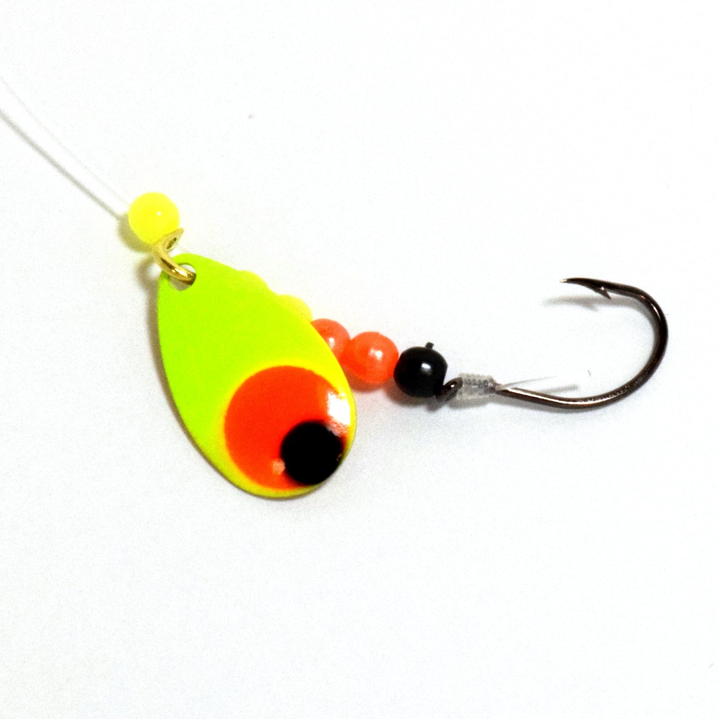 Walleye Spinner with bright chartreuse blade and large painted orange eye